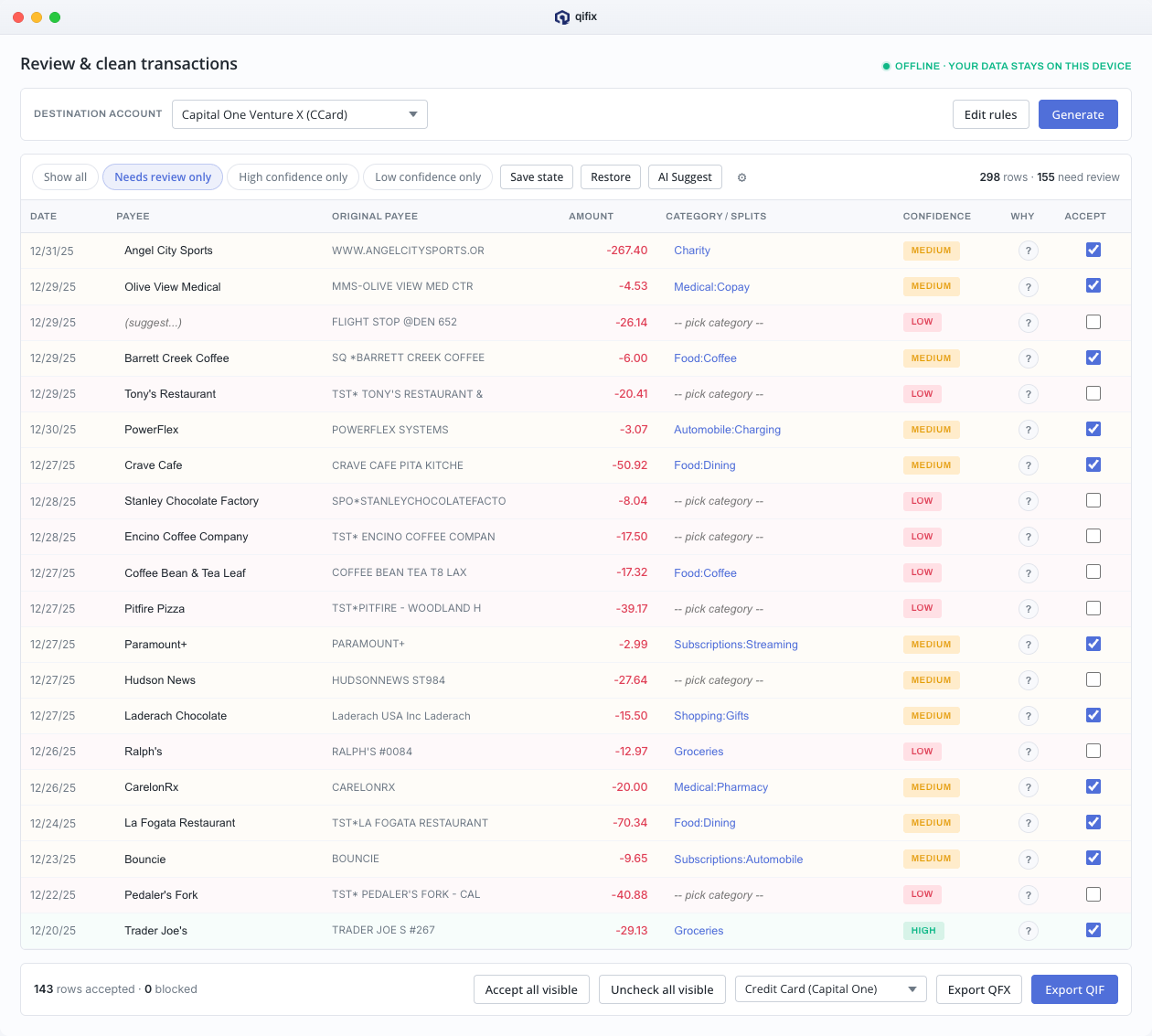 qifix - review and clean transactions